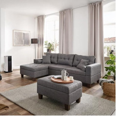 Home Deluxe - ROM Sofa Set - Colour Grey - Can be Mounted on Both Sides - 242.6 cm x 154.3 cm x 90.8 cm - Includes Stool I Corner Sofa Couch Living Landscape