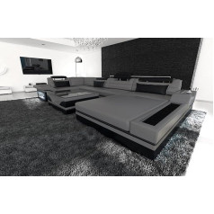 Sofa Dreams Sofa Living Landscape Mezzo U-veida ādas dīvāns ar LED apgaismojumu, regulējamiem pagalvjiem, atpūtas krēslu / Ādas krāsu izvēle / Iespējams orientēties uz osmanu (osmans labajā pusē, pelēks/ melns)