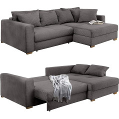 Luma-Home Schönes Für Dein Zuhause 15153 Kampinė sofa su spyruokliniu šerdies paminkštinimu 288 x 186 cm, lovos dėžė, miego funkcija, 3 m² gulimas plotas, otomanas gali būti montuojamas kairėje arba dešinėje, su velveto užvalkalu, pilko antr