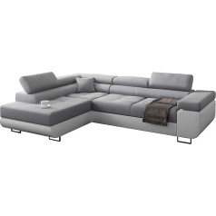 Möbel48. Majamio kampinė sofa su miego funkcija, kampinė sofa su lovos dėže, L formos sofa, kampinė sofa su lovos dėže, sofos komplektas su miego funkcija, kairės pusės otomanas (šviesiai pilka + balta dirbtinė oda -EKO)