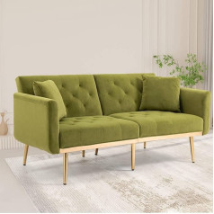 Sweiko Dīvāns, atpūtas dīvāns, izvelkamais dīvāns dīvāns ar miega funkciju, samta dīvāns Loveseat dīvāns ar metāla kājām, moderns 2-vietīgs viesu dīvāns, auduma dīvāns ar roku balstiem viesistabai un guļamistabai (Olive +)