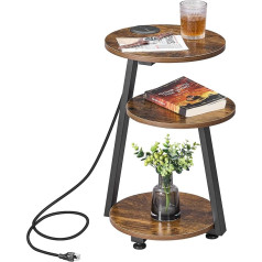 Bewishome Round Side Table with Charging Station, Side Table, Accent Table, Bedside Table with 3-Tier Shelves, Small Table for Living Room, Bedroom, Coffee Table, Rustic Brown