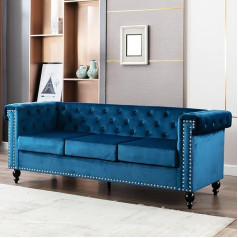 Retrin Sofa, 3 sėdimų vietų sofa, aksominė 3 sėdimų vietų sofa svetainei su elegantiškomis sagomis ir tipiniais porankiais, medinis rėmas, metalinės kojos, modernus dizainas, 206 x 75,5 x 77 cm, mėlyna