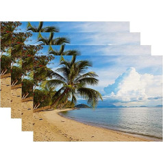 614 4 paliktņu komplekts Neslīdošs galda paklājiņš Mazgājams paliktnis restorānam Mājas ballītei Skaista pludmales sala, kokosriekstu koka ēnā