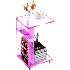 Acrylicolor Clear Acrylic Side Table on Lockable Casters, C Shaped Side Table for Sofa, Small Coffee Tables for Small Spaces (Pink)