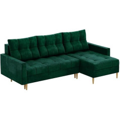 Meblini Scando Sofa Bed with Bed Box, Small Corner Sofa with Sleep Function, Sofa with Relaxation Function and Cushion, Small Couch L-Shape, Corner Sofa, 220 x 140 x 75 cm, Green Velvet