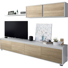 Habitdesign Svetainės TV stovas su keturiomis durelėmis, sienine spintele ir lentyna, Kanados ąžuolo ir baltos spalvos, matmenys TV stovas 200 x 43 x 41 cm, sieninė spintelė 105 x 35 x 29 cm, lentyna 95 x 3 x 21 cm