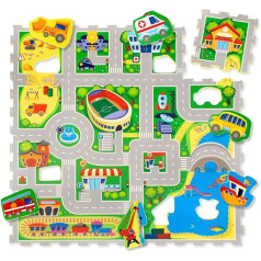 Hakuna City Puzzle Mat zīdaiņiem - TÜV SÜD GS sertificēts - 20 % biezāks spēļu paklājs videi draudzīgā iepakojumā - 16 mīklu paklāji ar ceļiem un 11 transportlīdzekļiem - 1,2 x 1,2 m.