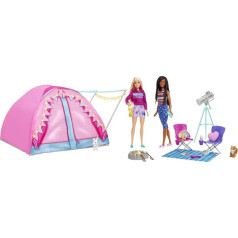 Barbie HGC18 Let's Go Camping Tent, 2 Barbie lelles, 1 x blondīne, 1 x melna, Barbie kempinga piederumi, telts, trusis, vāvere, dāvana bērniem, rotaļlieta no 3 gadiem