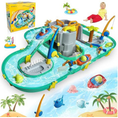 JONRRYIN Wassertisch Spielzeug, Wassertisch Kinder Draußen Spielzeug, Strandspielzeug Wasserbahn Set Wasserpark Spielset mit 2 Booten und Angelfunktion, Sommer Wasserspielzeug für Kinder 3+ Jahr