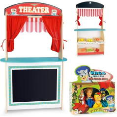 Leomark Wooden Puppet Theatre and Supermarket + 4 Puppet Hand Puppets - The Puss in Boots - Colourful Dolls for Playing in the Theatre with Accessories for Children