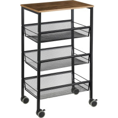 YBING 4 Tier Shelf Trolley with Wooden Top, Kitchen Trolley, Serving Trolley Made of Metal, W 44 x D 29 x H 76.5 cm Shelf on Wheels for Kitchen, Bathroom, Living Room, Office (Black)