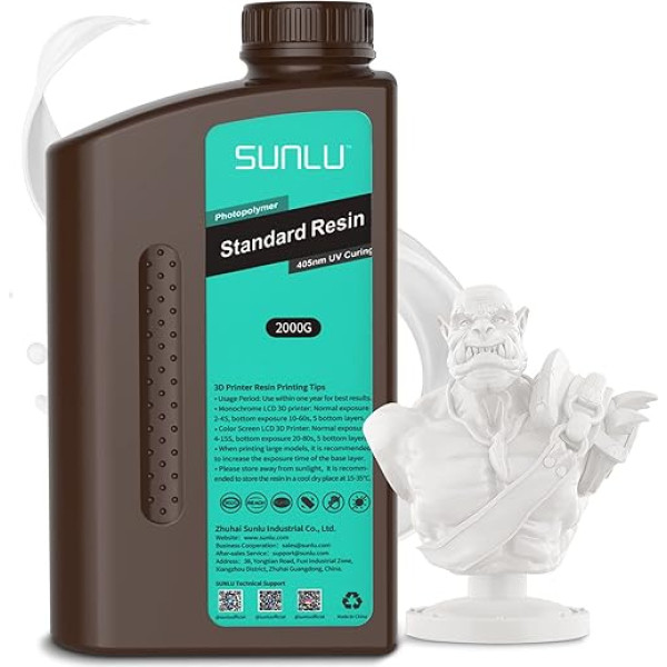 Sunlu 3D printera sveķi 2 kg, 405 nm UV cietināšanas sveķi, standarta fotopolimēra 3D drukāšanas sveķi 4K/8K LCD/DLP/SLA sveķu printerim, augsta precizitāte, maza saraušanās, balts, 2000 g