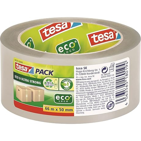 tesa Tesapack ECO un Ultra Strong ecoLogo - caurspīdīga plastmasas iepakojuma lente ar īpaši stipru līmi - videi draudzīga līmlente, kas nesatur šķīdinātājus - 66 m x 50 mm (36 ruļļi)