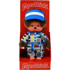 Sekiguchi 243099 Oriģinālais Monchhichi zēns, plīša rotaļlieta 80. gadu tērpā un cepurē, aptuveni 20 cm liels, no brūna plīša