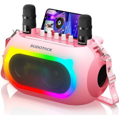 SUDOTACK Karaoke mašīna ar 2 bezvadu mikrofoniem, Bluetooth skaļruņu skaļruņu skaļruņu kaste ar basu/trobolu iestatījumiem, ballītei, brīvdabas pasākumam, kāzām, kāzām, baznīcai, piknikam, dāvanai, pieaugušajiem/bērniem, rozā krāsā