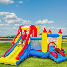 Baralir Bouncy Castle, piepūšamā pils ar garu slidkalniņu, iekštelpu/āra rotaļu laukums, sertificēta drošībai, vairākas spēļu zonas, bērniem no 3 līdz 10 gadiem, 375 x 305 x 195 cm (ar pūtēju)