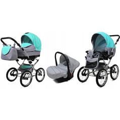 BabyLux® Bambimo Margaret Ekskluzīvs 3-in-1 bērnu ratiņu komplekts, kas ietver bērnu ratiņus, sporta sēdeklīti, autokrēsliņu - autokrēsliņu - bērnu ratiņu komplektu - kombinēto ratiņu komplektu ar pārtīšanas somu, lietus pārvalku utt.