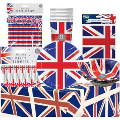 Union Jack Party Supplies - King Charles Coronation Galda piederumi 83 gabali ietver Union Jack galdautu, papīra šķīvjus, bļodu, tasi, krūzes, salvetes, salvetes, svētku pūtējus - King Charles Coronation Dekorācijas 2023