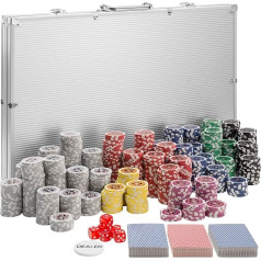 tectake 402561 Pokerio dėklas Pokerio rinkinys su lazeriniais pokerio žetonais aliumininiame dėkle, 1 000 žetonų, 3 kortų kaladės + 5 kauliukai + 1 dalintojo mygtukas, sidabrinės spalvos