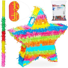 Relaxdays 4 daļu pinatas komplekts Star XXL Confetti Sack, pinatas nūjiņa ar acu masku, dzimšanas dienas pinata, pinatas nūjiņa un aizsietas acis, krāsains