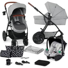 Kinderkraft 3-in-1 XMOOV bērnu ratiņu komplekts ar sēdeklīti I-SIZE 40-75 cm, sporta ratiņi, bērnu ratiņi un bērnu gultiņa vienā, gumijas riteņi ar balstiekārtu, saliekami, aksesuāri komplektā, gaiši pelēks