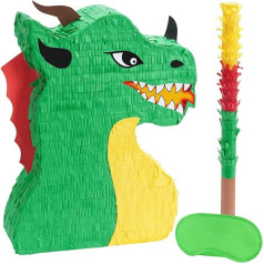 Pūķa pinata - pūķa ballītes dekorācijas, pinata komplekts ar aizsietām acīm un nūjiņu, dinozauru tematikas svētku piederumi, dzimšanas dienas svinību spēle zēniem, karnevāls, aktivitāšu dekorācijas bērniem