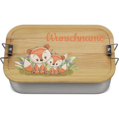 PR Print Royal Large Lunch Box Print ar vārdu un bērnu motīvu - lapsa - dāvana bērniem skolas gaitu uzsākšanai, personalizēta dāvana - pusdienu kastes dizains, koka vāks, BPA-Free, 1000 ml