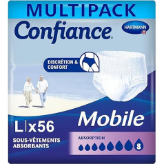 Confiance Mobile - Absorbent Briefs for Men and Women - Absorption Level = 8 Drops (Strong Bladder Weakness) - Discreet and Effective - pH Neutral to Skin - Large Size - 4 x 14 Pack