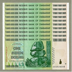 Zimbabve 1 miljards dolāru x 10 gab AA 2008 P83 secīgas UNC valūtas banknotes