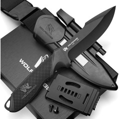 Wolfgangs W3 āra nazis ar fiksētu asmeni - ieskaitot makstu + uguns starteri - ideāls medību nazis, kas izgatavots no viena gabala 440C tērauda - Premium Survival Knife - Bushcraft Knife Outdoor (Black)