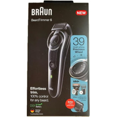 Braun Beard Trimmer 5 BT5342 Beard Trimmer, Hair Trimmer for Men, Face Hair, Reliable Blades, 39 Length Settings, Black/Grey