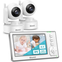 Blemil Babyphone, 4,3'' IPS Split-Screen Monitor mit 29-Stunden-Akku, Schwenk-Neige-Zoom Video-Babyphone mit 2-Kameras und Audio, Kein WLAN, 2X Zoom