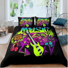 Guitar Duvet Cover, 135 x 200 cm, bērniem, pusaudžiem, bērniem, pusaudžiem, Mūzikas Rock Comforter Cover, Hip Hop austiņas gultas piederumi, Hipster Grunge, grafiti stila sega pārklājs zēniem, meitenēm, jauniešiem, viegla istaba