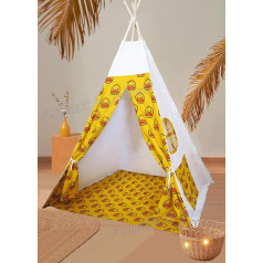 Teepee telts bērniem, iekštelpu āra spēle, saliekama bērnu spēļu telts, balta Teepee telts, audekla rotaļu namiņš meitenēm un zēniem (Yellow Duck Teepee with Mat)