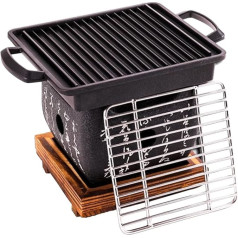 Japoniškas BBQ grilis Mini anglių kepsninė su kepimo dėže, vielos tinkleliu ir mediniu pagrindu, 15 x 15 x 13,5 cm kvadrato formos nešiojama japoniška anglių krosnelė, skirta Yakiniku, Takoyaki, ungurių teriyaki kepimui