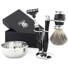 4 Piece Badger Hair Shaving Brush Set, 3 Razor Blades, Shaving Bowl and Stand, Traditional Shaving Set for Men