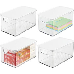 mDesign Set of 4 Desk Trays with Handles for Office Supplies - Storage Box with Lid Made of Durable Plastic - Rectangular Office Supplies Organiser - Clear and White