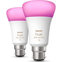 Philips Hue White & Colour Ambiance LED spuldzīte, B22 ar bajoneta galviņu, 1100 lūmenu (līdzvērtīga 75 W), darbojas ar Alexa, Google Assistant un Apple Homekit, 2 gab. komplektā