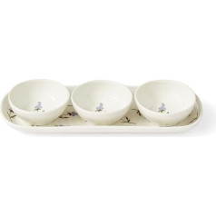 Portmeirion Sophie Conran Lavandula 4 daļu trauku un paplātes komplekts, porcelāna čipsu un mērču servēšanas komplekts, balti mazi servēšanas trauciņi piedevām, salsai, uzkodas, trauciņi izklaidei