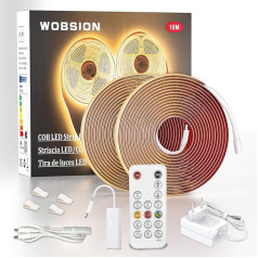 wobsion 10 m COB LED lente 24 V silti balta, pašlīmējoša LED lente ar RF tālvadības pulti, LED lente ar regulējamu apgaismojumu 320 LED/M, 24 W GS barošanas avots, CRI90+, elastīga, spilgta LED lente kāpnēm, virtuvei,