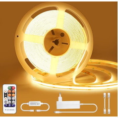 Öuesen COB LED lente, 10 m, silti balta, LED lente ar tālvadības pulti, 24 V, 3000 K, pašlīmējoša LED lente, ūdensnecaurlaidīga ar barošanas avotu, LED lente ar regulējamu CRI 90+ mājas dekorēšanai