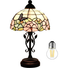 Kinbolas galda lampa Tiffany stilā, Vintage naktslampa, dekoratīvā lampa guļamistabā, jūgendstila galda lampas abažūrs, stikla abažūrs, 25 cm, sveķu pamatne ar kabeli un E27 gaismekli