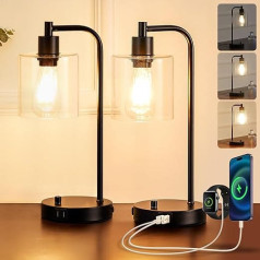 Nakts galda lampu komplekts 2 Dimmable Small Black Industrial Wireless LED galda lampas Lasīšanas galda lampa ar USB uzlādes stikla toni guļamistabai Dzīvojamā istaba Mājas birojs