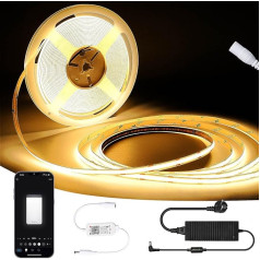 GEYUEYA Home COB LED lente, 10 m dimmable LED strip, silti balta, WiFi 24 V LED lente, 8 mm plata, 384 LEDs/M, balss vadība, LED lente ar barošanas avotu guļamistabai, virtuvei, spogulim, mājas dekorēšanai