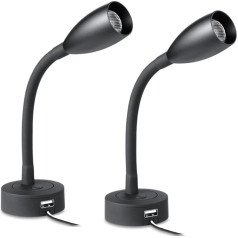 Obeaming 2 x lasīšanas lampa 12 V Motorhome LED Dimmable Flexible Gooseneck Wall Lamp Spot Eye Care gultas lampa, kas piestiprināta pie sienas laivai, treilerim, kemperim, jahtai ar USB lādētāju un dimmera slēdzi, melns