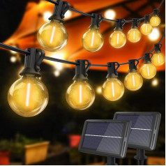 litogo Pack of 2 Outdoor Solar Fairy Lights, 25 + 2 LED, G40 Solar Fairy Lights spuldzes, āra, IP55.4 Mode, 9 m Solar Fairy Lights dārzam, kāzām, balkonam, mājai, Ziemassvētku dienas dekorēšanai, silts