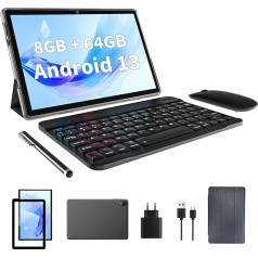 JIKOCXN 10 Zoll planšetdators, Android 13 planšetdators ar 8GB RAM+64GB ROM 1TB, Quad Core Prozessor Tablet PC, 1280 x 800 IPS HD attēls, 6000mAh akumulators, Dual Kamera, WiFi (Schwarz)