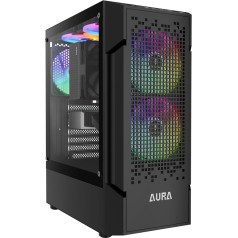 GAMDIAS PC Gaming Gehäuse, ATX Mid Tower Computer Case, Verlaufsmuster Mesh Front Panel, Vorinstallierte 3 x 120mm FRGB-Lüfter, Werkzeugloses Seitenteil aus gehärtetem Glas, Schwarz