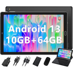 GOODTEL 2024 Jaunākais planšetdators 10 collu Android 13 ar 10GB RAM 64GB ROM (TF 1TB), Octa-Core, WiFi 5G, Bluetooth 5.0, GMS, GPS, Widgets, Type-C, OTG, 6000mAh, 8MP+5MP, ar korpusu, tastatūru, peli, melns